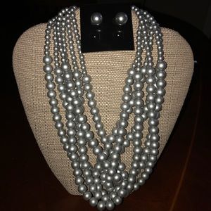 Necklace and earring set faux pearl silver grey
